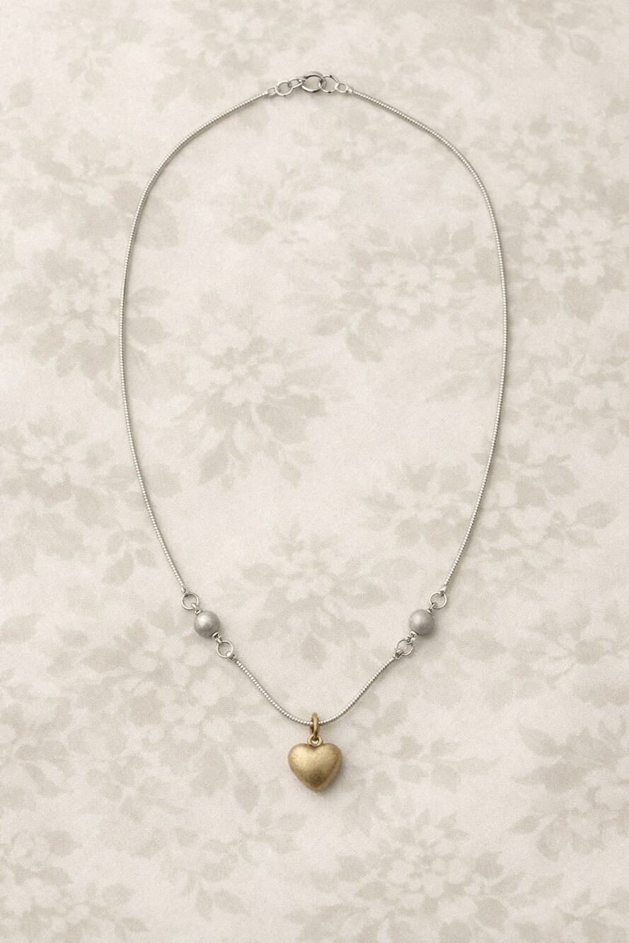 Sterling Silver Puffy Heart Pendant Necklace Ball Accent 2 Tone 16 inch Vintage